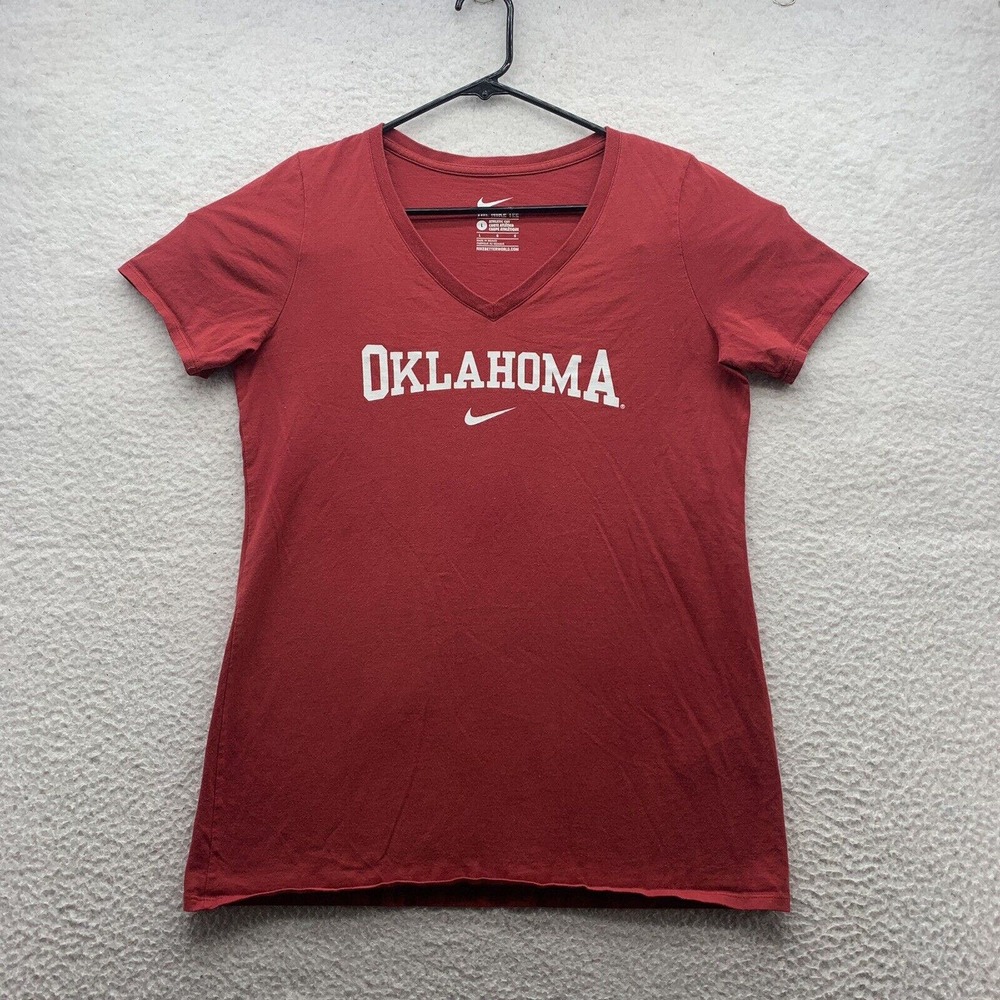 Nike Oklahoma Sooners V-Neck T-Shirt Womens Large L Red Athletic Fit NCAA Sports